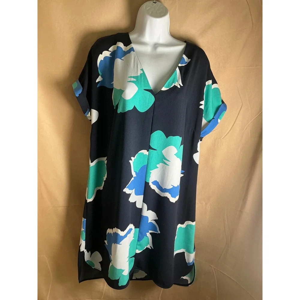 A New Day Floral V-Neck Shift Dress Womens XL Navy Blue Excellent Short Sleeve